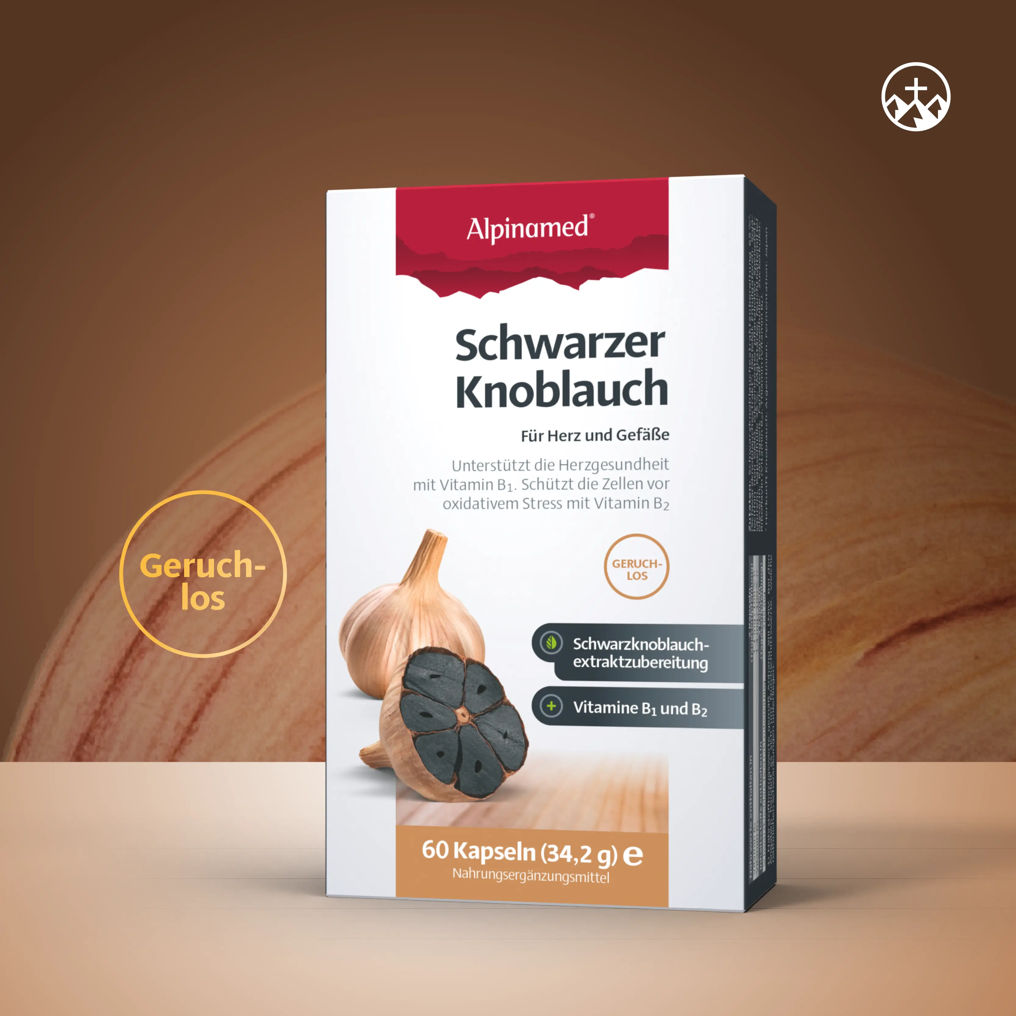 Packung Schwarzer Knoblauch mit braunem Hintergrund, mit Schwarzknoblauchextrakt, Vitamin B1, B2